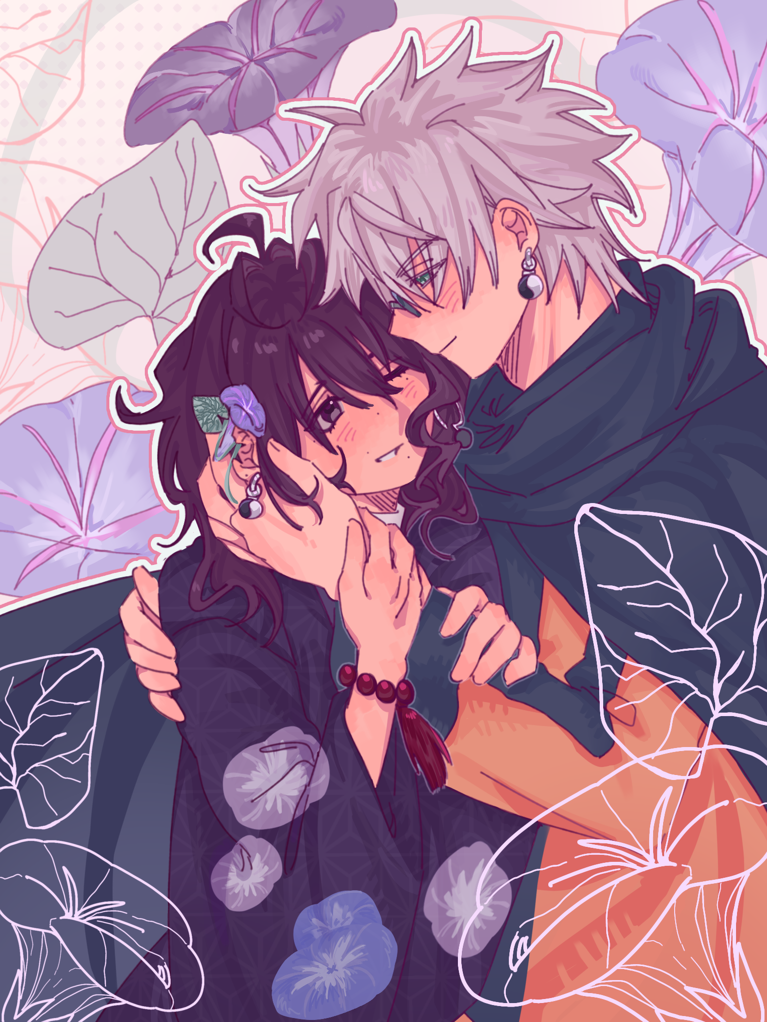 artwork of Yukie and Enishi in an embrace with Enishi placing a morning glory flower into Yukie's hair